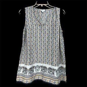 J Jill Love‎ Linen Sleeveless Top Sz S White Blue Elephant Pockets Boho Chic